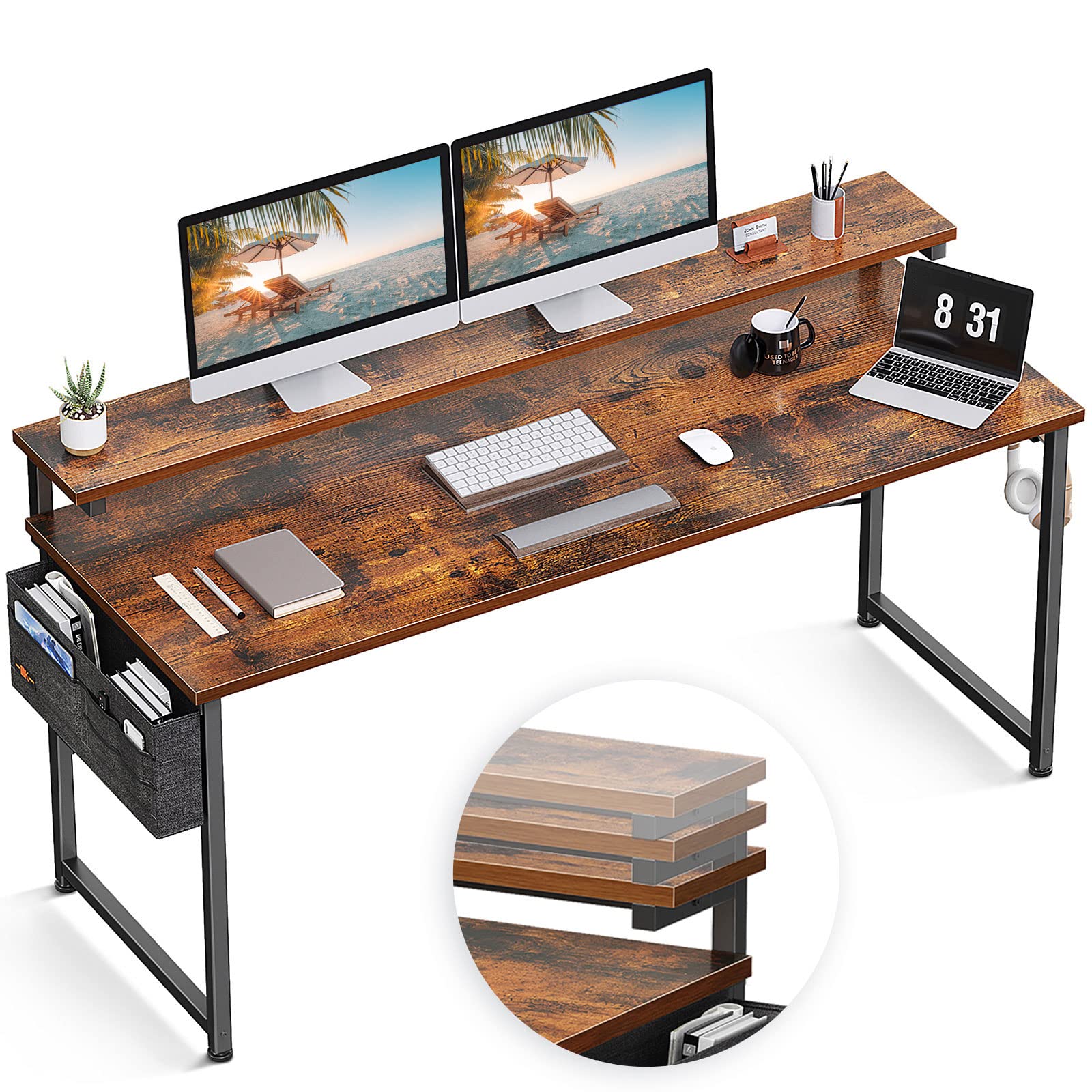 Photo 1 of ODK Computer Desk with Adjustable Monitor Shelves, 63 inch Home Office Desk with Monitor Stand, Writing Desk, Study Workstation with 3 Heights (10cm, 13cm, 16cm), Rustic Brown
