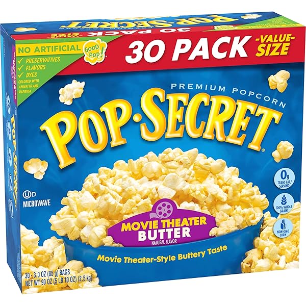 POP SECRET MICROWAVE POPCORN, MOVIE THEATER BUTTER FLAVOR, 3 OZ SHARING BAGS, 30 CT