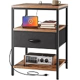 SUPERJARE Night Stand with Charger Station, 27.7 Inch Tall Nightstand with Adjustable Fabric Drawer, Bed Side Table, Fabric Drawer Dresser for Bedroom, Living Room, Rustic Brown and Black
