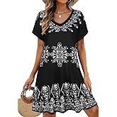 elescat Sundresses for Women Summer Casual Loose V Neck Short Sleeve Tshirt Dress with Pockets