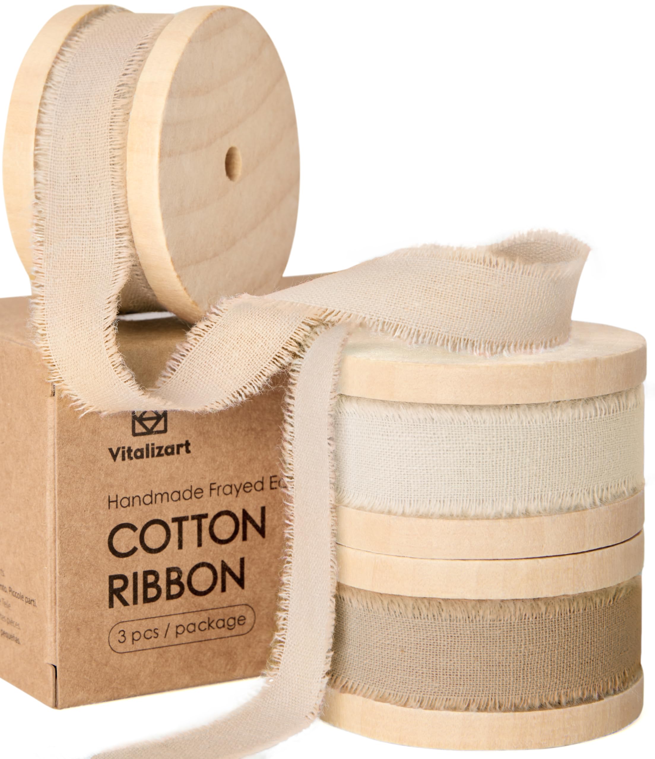 Vitalizart Natural 100% Cotton Ribbon 5/8" x 21Yd Nude & Beige, 3 Rolls*7 Yd Handmade Fringe, Fabric Ribbons for Wedding Invites Bridal Bouquets Gift Wrapping Holiday Decoration