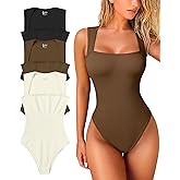 OQQ Women's 3 Piece Bodysuits Sexy Ribbed Strappy Square Neck Sleeveless Tummy Control Tank Tops Bodysuits