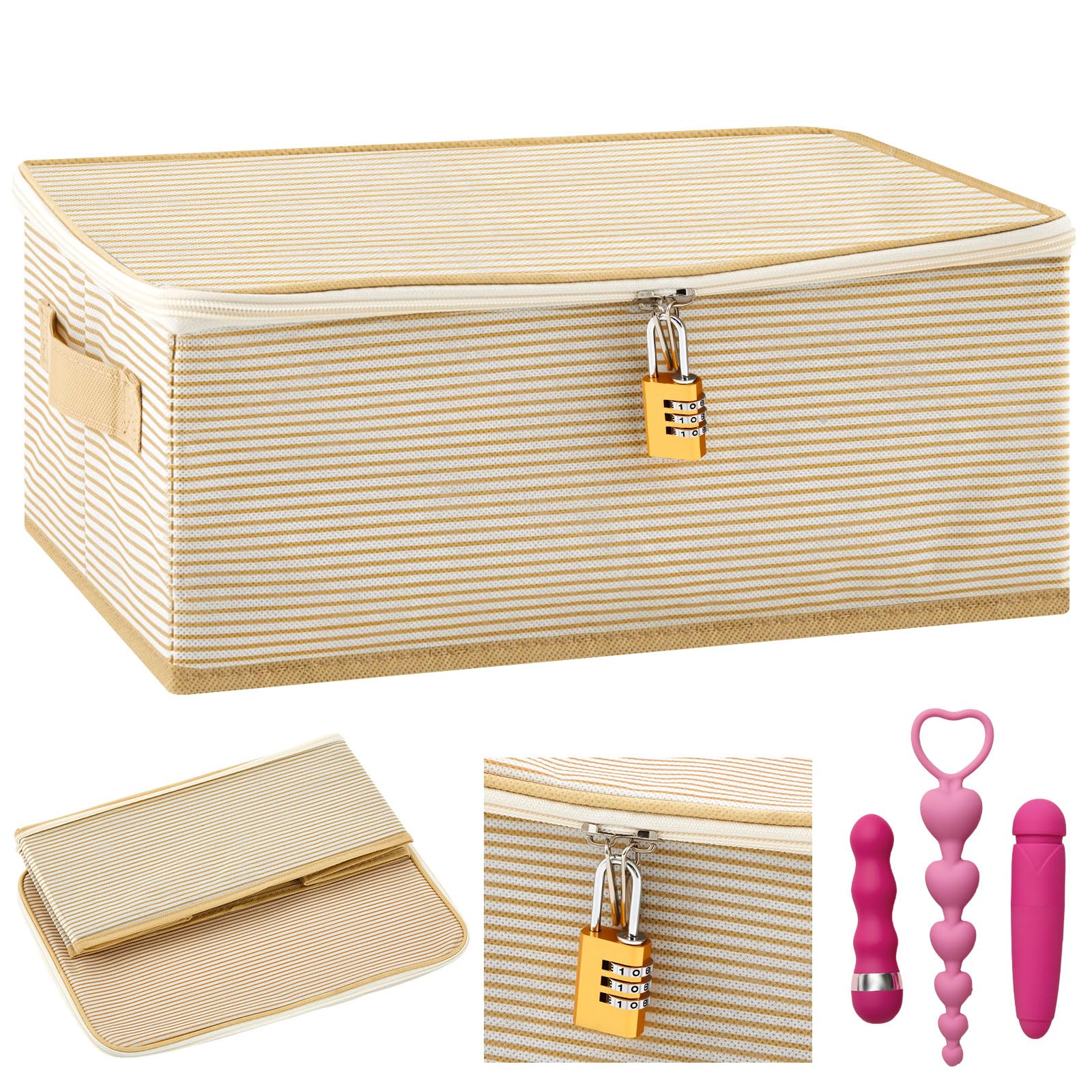 Photo 1 of Briwooody Discreet Lockable Adult Toy Storage Organizer Adult Toy Bag Storage Bins Case with Zipper Lid 15 x 10 x 5.9 Inches for Women and Men Clothes Container(Gold Stripes)