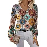 YZCX Womens Boho Floral Sweater Tie Dye Crochet Hollow Out Knit Jumper Tops V Neck Long Sleeve Trendy Pullover Sweaters