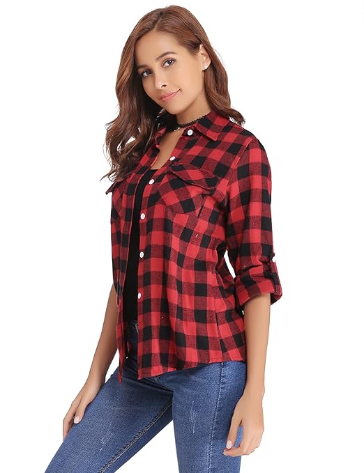 Abollria Damen Karierte Bluse Langarm Casual Karo Hemdbluse Boyfriend Button-down Blusenshirt Freizeit mit zufällige Schwarz/