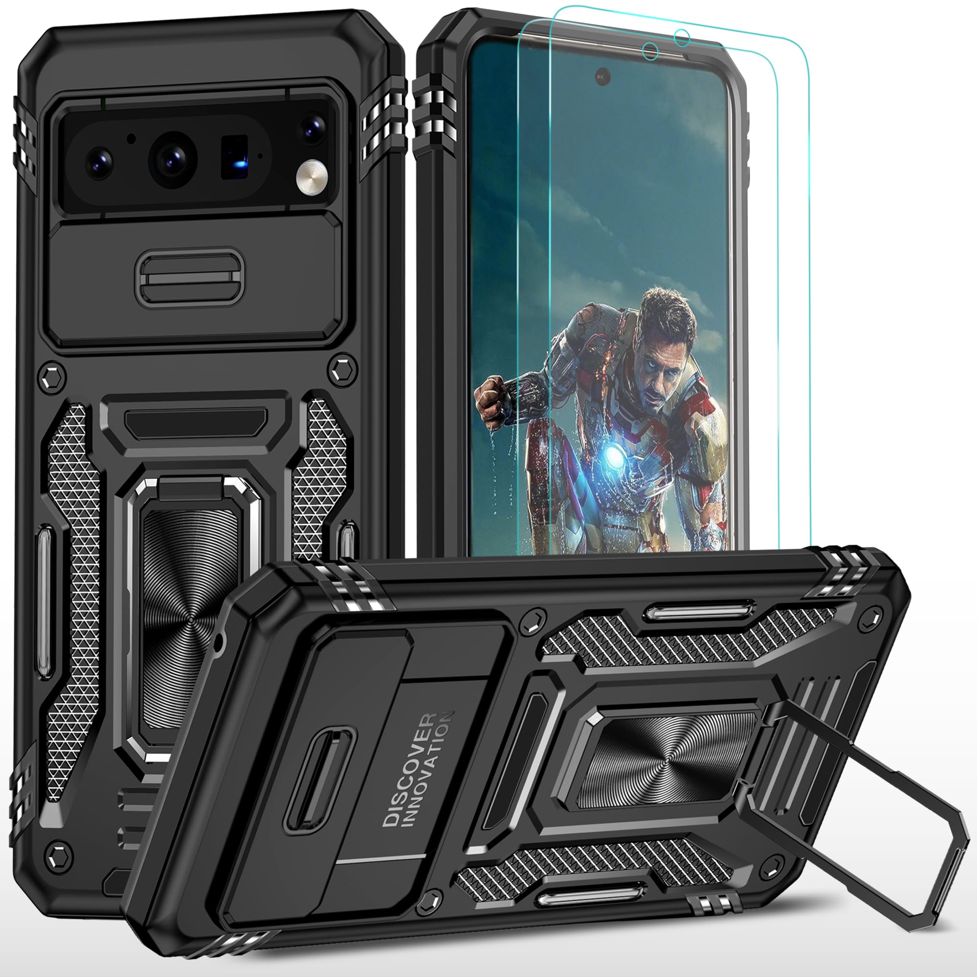 YmhxcY For G-Google Pixel 8 Pro Case, With [Screen Protector Film*2] 360° Rotate Metal Stand,Slide Camera Cover,Sturdy Case[Military Grade] For Google Pixel 8 Pro-Black