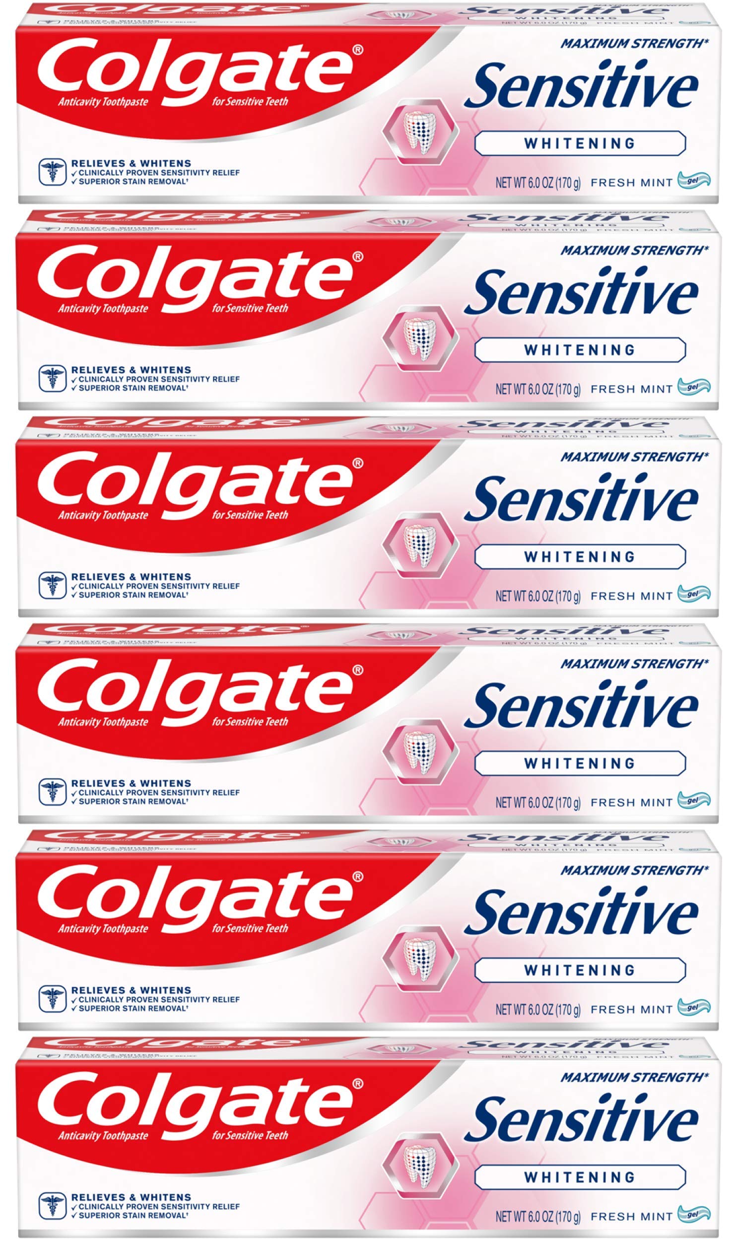 Colgate Sensitive Maximum Strength Whitening Toothpaste, Mint - 6 ounce (6 Pack)