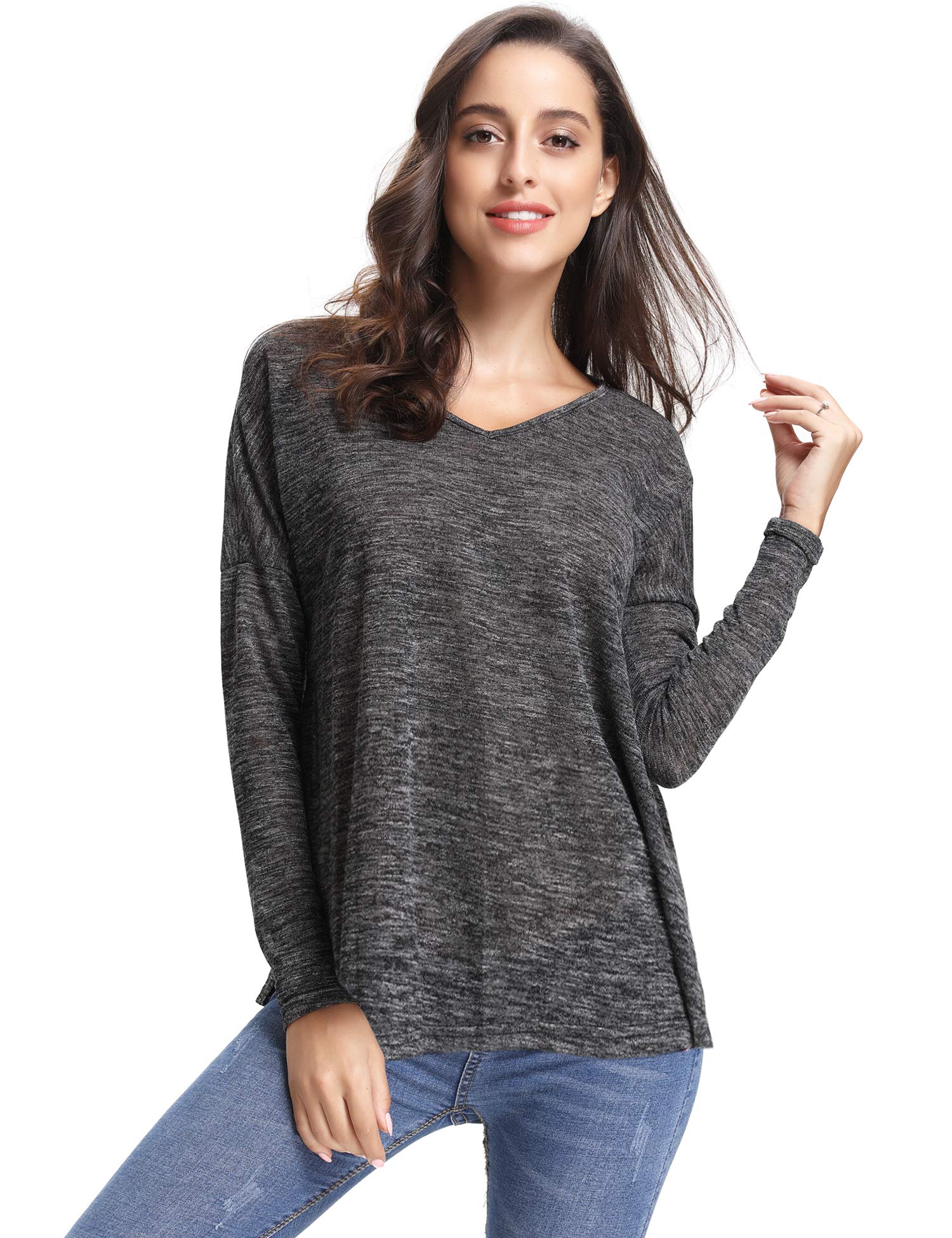 Abollria Women\'s V Neck T-Shirt Long Sleeve Pleated Casual Tee Shirt Tops