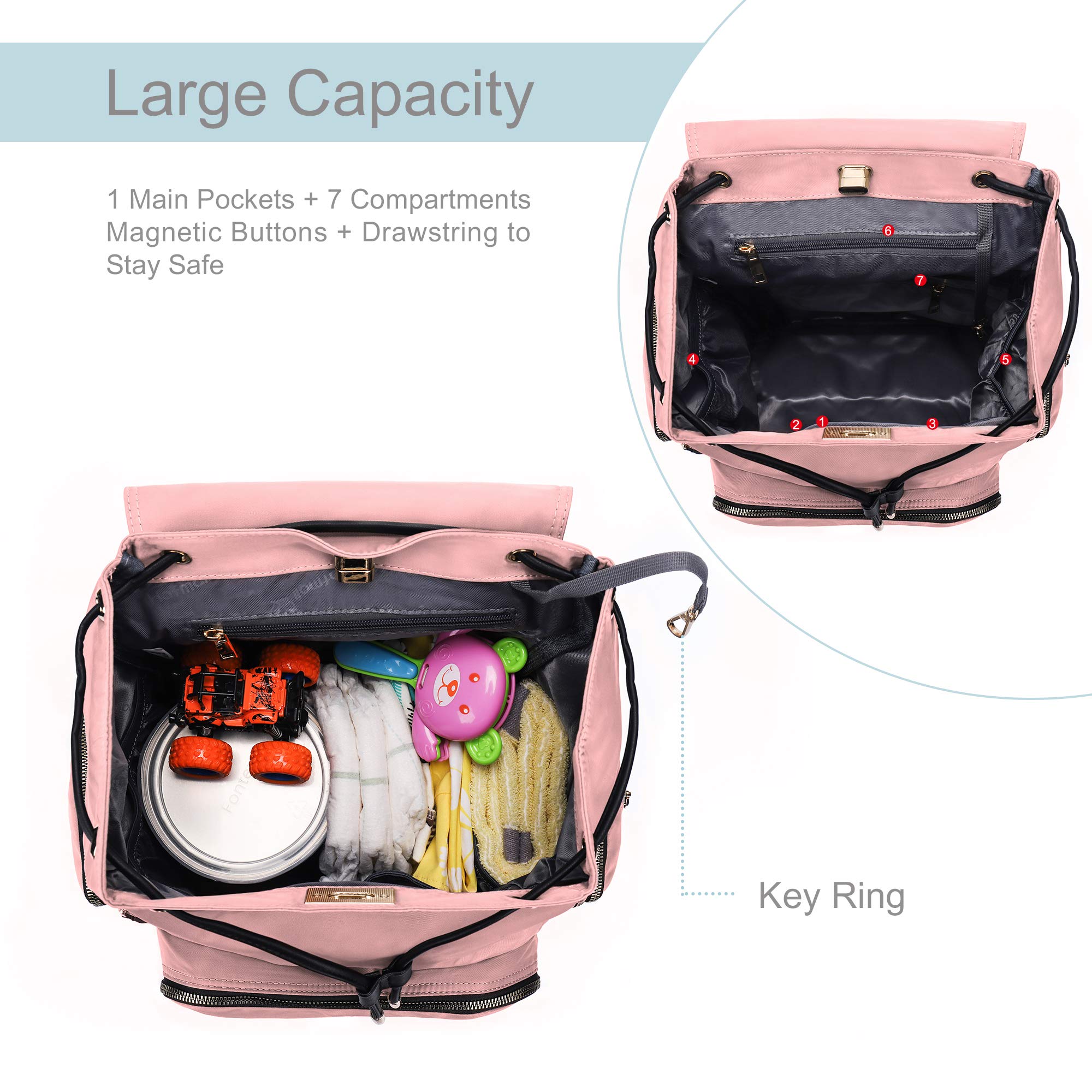 Hafmall Diaper Bag Backpack for Mom, Multifunctional Baby Bag with Stroller Hooks, Stylish Diaper Bag for Baby Girls, Pink Backpack Diaper Bag