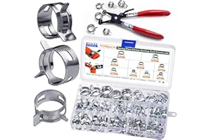 ASKWAY 108pcs Spring Pipe Clamps, With Spring Pipe Clamp Tools, 9 Sizes 6-18mm Spring Hose Clamps, Used To Fix Hose Interfaces In Automotive, Marine, Gardening, Industrial Applications (1, Silvery)