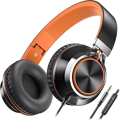 AILIHEN Kids Headphones, Headphones Wired with Microphone and Volume Control Folding Stereo Corded On-Ear 3.5mm Headset for Boys Girl Cellphones Tablets Chromebook Laptop Computer (Black/Orange)