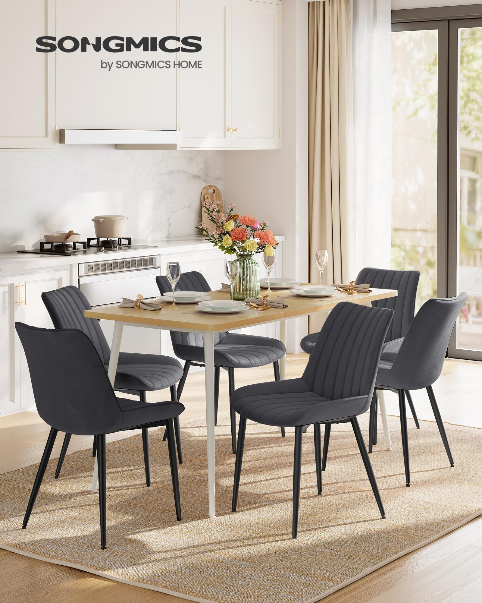 SONGMICS Esszimmerstuhl 6er Set, Küchenstuhl, Samt, Polsterstuhl, bis 120 kg belastbar, Stahlbeine, Gebogene Rückenlehne, für Esszimmer, Küche, grau-tintenschwarz LDC090G56 2