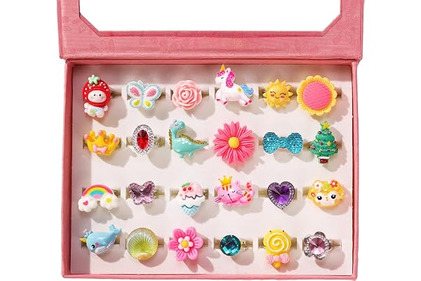 PinkSheep Little Girl Jewel Rings in Box, Adjustable, No Duplication, Girl Pretend Play and Dress Up Rings (24 Lovely Ring) |