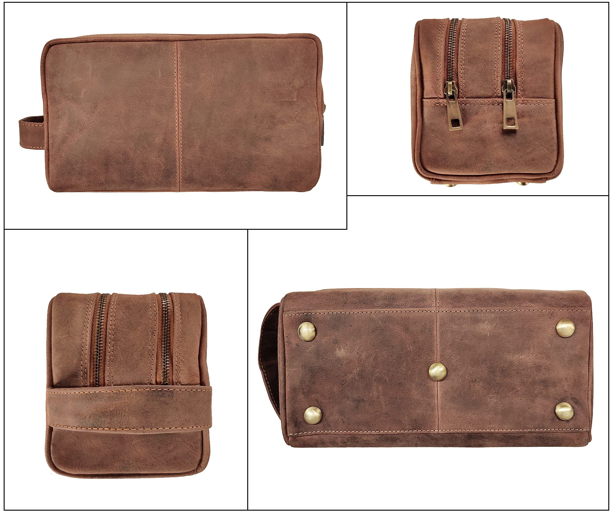 RUSTIC TOWN Full Grain Leather Travel Toiletry Bag - Cosmetic Makeup Kit Organizer (Brown)