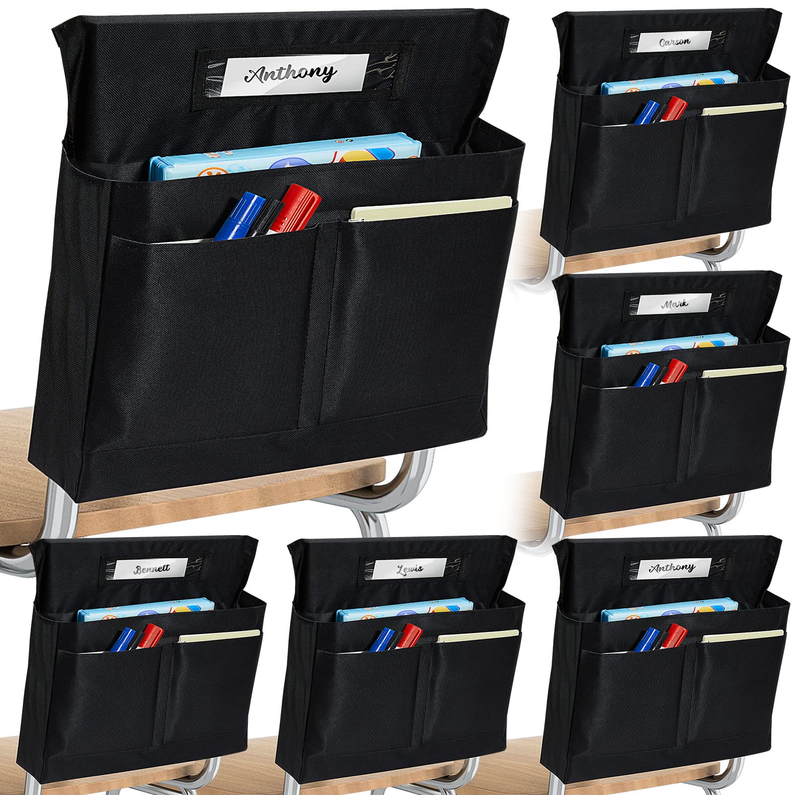 Photo 1 of Lewtemi 6 Pack 18 x 17 Inch Chair Pockets for Classroom Pockets Organizer with 4 Chair Storage Slot Without Name Tag Chart Desk Seat Back Storage Organizer for School(Black)