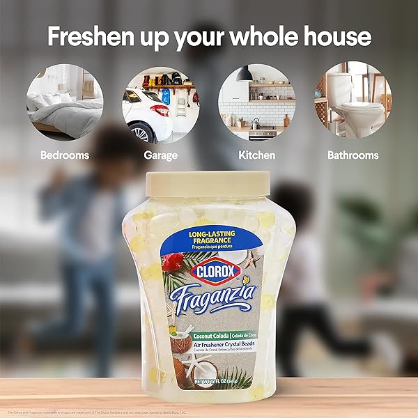 CLOROX FRAGANZIA CRYSTAL BEADS AIR FRESHENER, LONG LASTING ROOM DEODORIZER AND ODOR ELIMINATOR GEL BEADS TO FRESHEN HOME, CAR, OR OFFICE, COCONUT COLADA SCENT, 12 FL OZ
