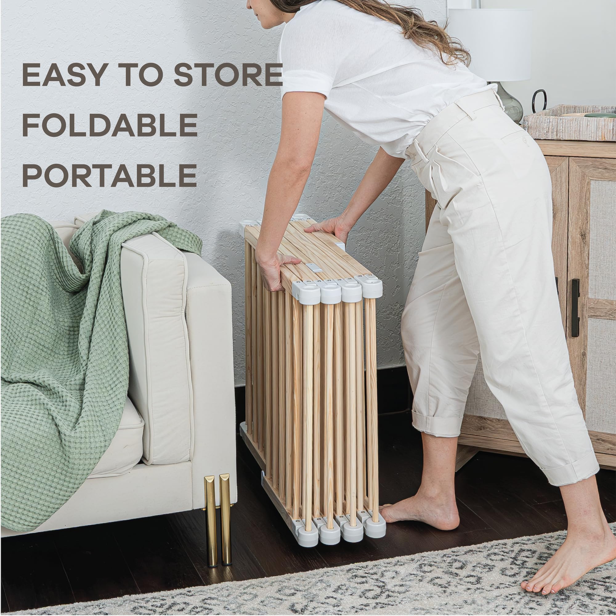 Comfy Cubs Baby Gate Playpen - 57 x 57 x 25 in, Extends Up to 228” - Pine Wood Foldable Playpen with Child-Proof Lock - Easy Assembly Baby Fence Play Area for Babies & Toddlers - Light Wood White