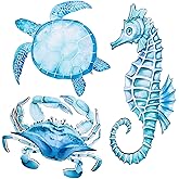 Framendino, 3 Pack Wood Beach Coastal Wall Decor Large Sea Turtle Seahorse Crab Hanging Ornament Blue Nautical Ocean Animal Decorations for Bathroom Bedroom