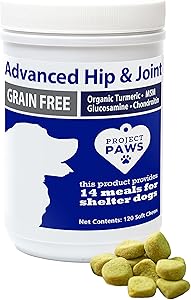 Project Paws Hip and Joint Supplement for Dogs - Dog Glucosamine Chews with MSM, Chondroitin and Organic Turmeric - 120 CT