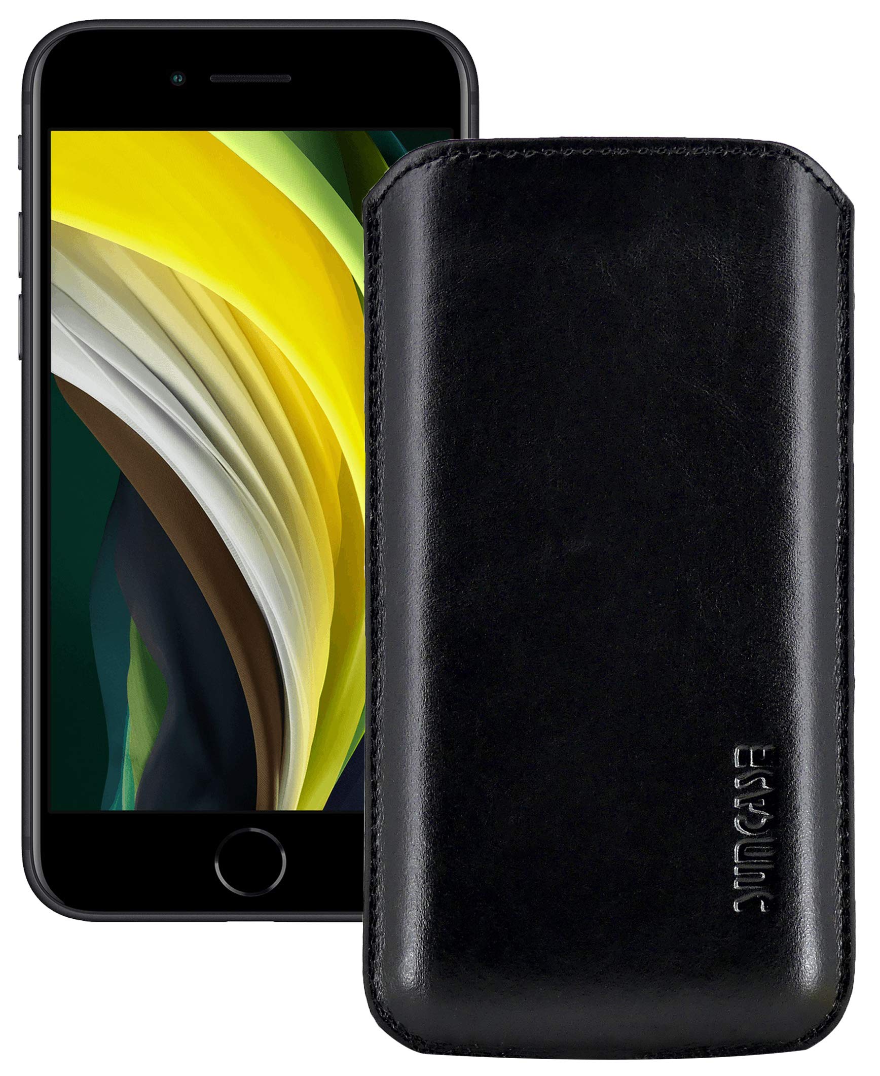Suncase Original Leather Case compatible with Apple iPhone SE 2020 Case Bag Ultra Slim Leather Case Protective Case (with pull tab) in black