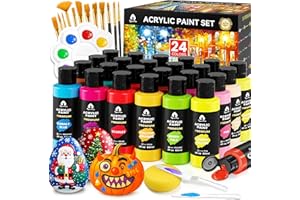 VIGORFUN 40 Pcs Acrylic Paint Set - 24 Colors (2oz/60ml) with 12 Brushes, 2 Knives & Palette - Rich Pigments for Adults, Kids, Artists & Beginners - Painting on Halloween Pumpkin Canvas Ceramic Rock Wood