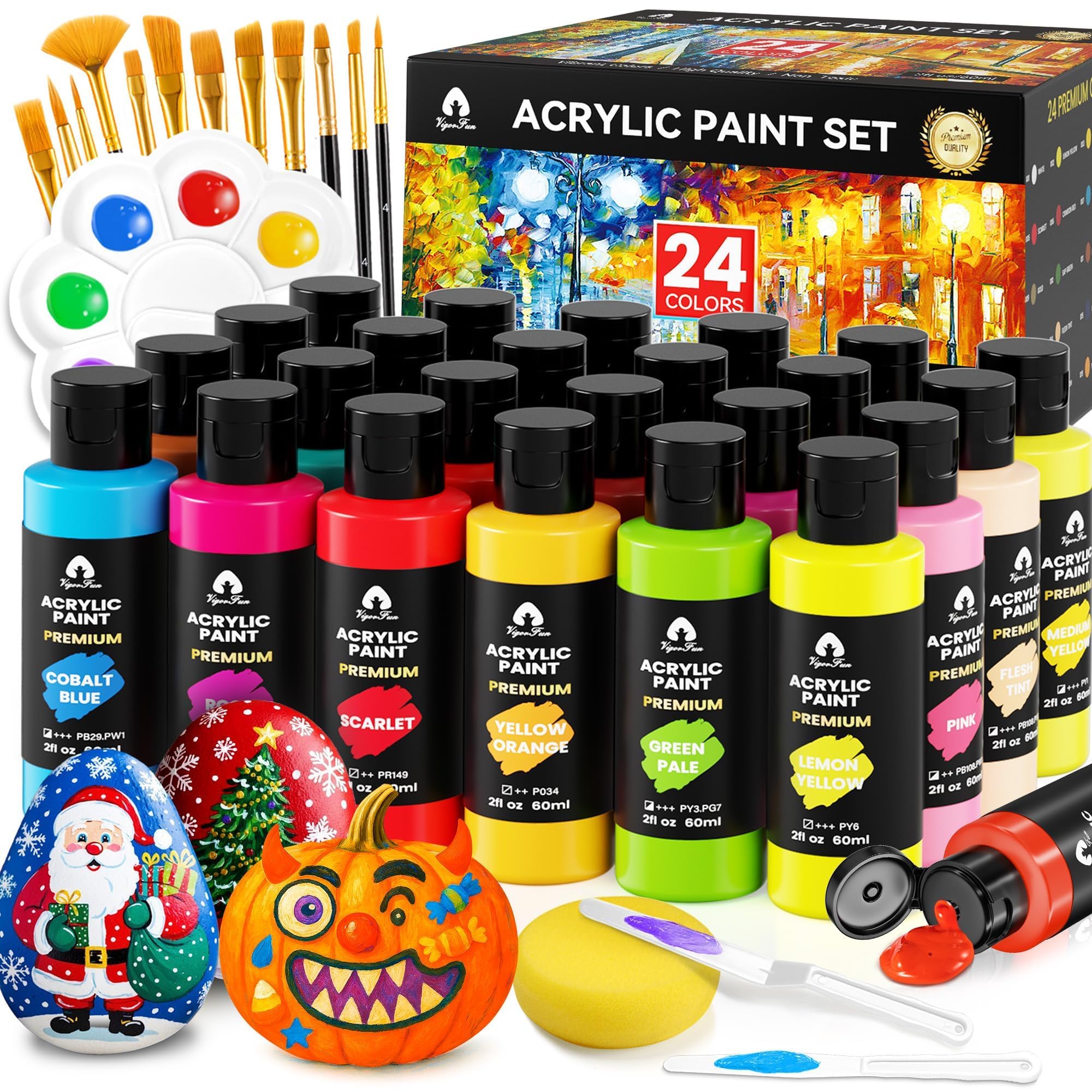 Photo 1 of 40 Pcs Acrylic Paint Set - 24 Colors (2oz/60ml) with 12 Brushes, 2 Knives & Palette - Rich Pigments for Adults, Kids, Artists & Beginners - Painting on Halloween Pumpkin Canvas Ceramic Rock Wood