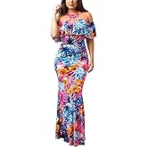 Suimiki Vintage Ruffle Plain Floral Printed Off Shoulder Bodycon Long Party Maxi Dress Multicolor Small