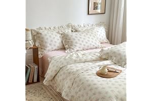 mixinni Pink Floral Duvet Cover Set Queen Size - 100% Cotton Ruffle Lace Bedding Set for Girls, Romantic Cottagecore Style Duvet Cover with Zipper Closure, Soft Aesthetic Princess Bedding-Queen