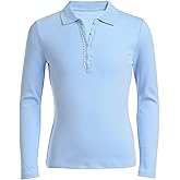 Nautica Girls School Uniform Long Sleeve Polo Shirt, Button Closure, Comfortable & Breathable Fabric