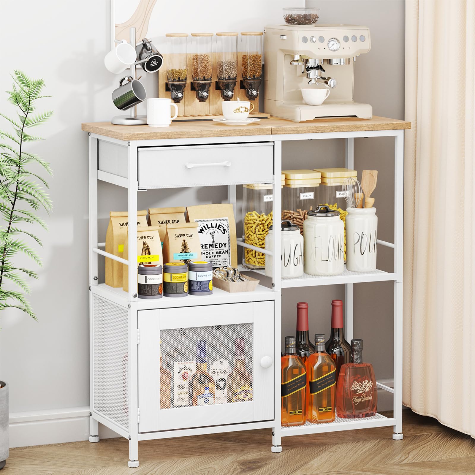 Photo 1 of SWTYMIKI Coffee Bar Cabinet for Home - Farmhouse Coffee Stand Station Multi-Purpose Storage Cabinet with Adjustable Feet, Drawers - Kitchen Bar Table for Living Room, Corner, Small Space, Natural