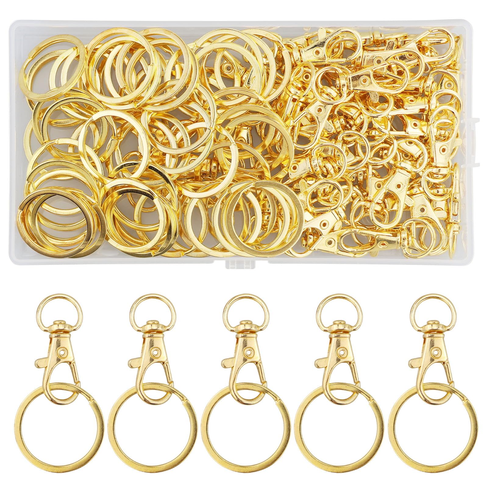 110Pcs Swivel Lobster Clasps & Key Ring Hoops with Plastic Box,55Pcs Metal Key Ring Clips and 55Pcs Keyring Rings Key Chain Hooks with keyrings for Jewellery Making Hanging Crafts Gold