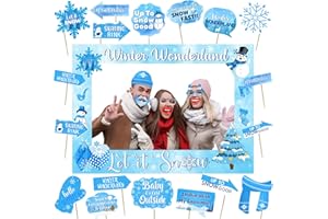GINFTBRZGV Winter Wonderland Decorations Large Photo Frame and 20Pcs DIY Selfie Photo Props Kit Winter Theme Photo Booth Props for Christmas Holiday Party Supplies