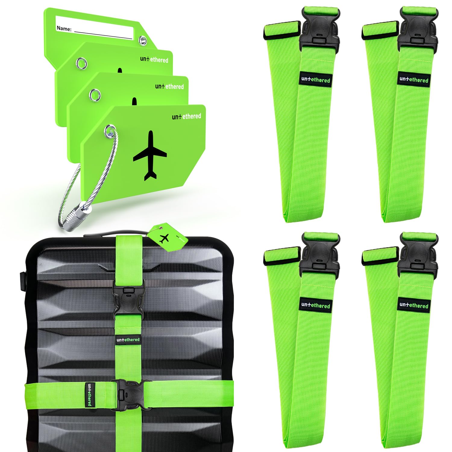 Photo 1 of Untethered Ultimate Travel Set: 4 Premium Luggage Straps and 4 Silicone Tags - Secure & Identify Your Bags with Ease (Green + Tags)