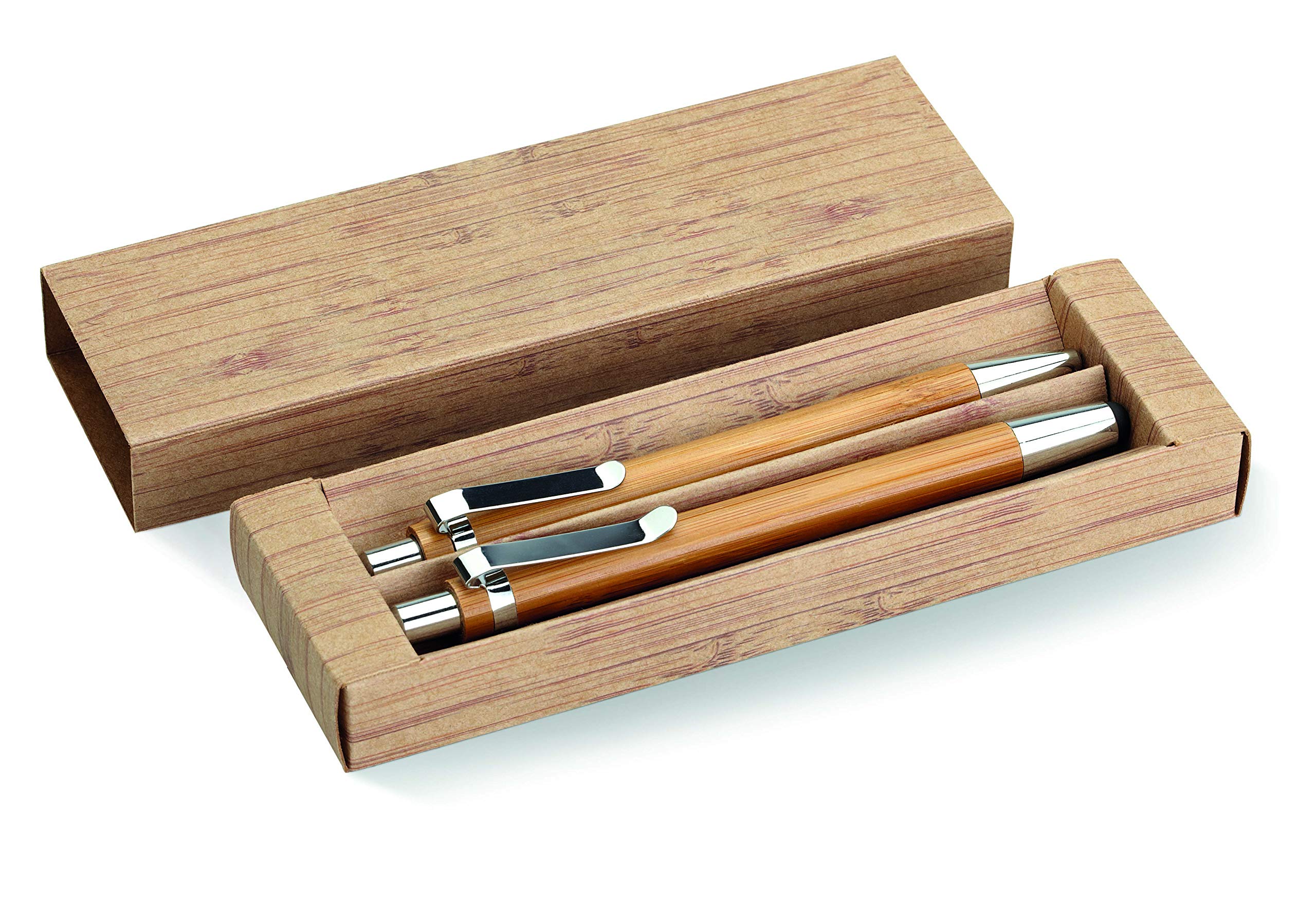Notrash2003® Sustainable Writing Set Elegant Ballpoint Pen Bamboo Wooden Ballpoint Pens Set of 2 Pens with Mechanical Pencil Writing Utensils in Cardboard Box