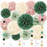 Sage Green Tissue Paper Pom Poms 23 Pcs Wedding Party Decorations Blush Pink Ivory Boho Paper Flowers, Circle Dot Party Banner Hanging Swirl Party Decorations for Engagement Wedding Birthday Party