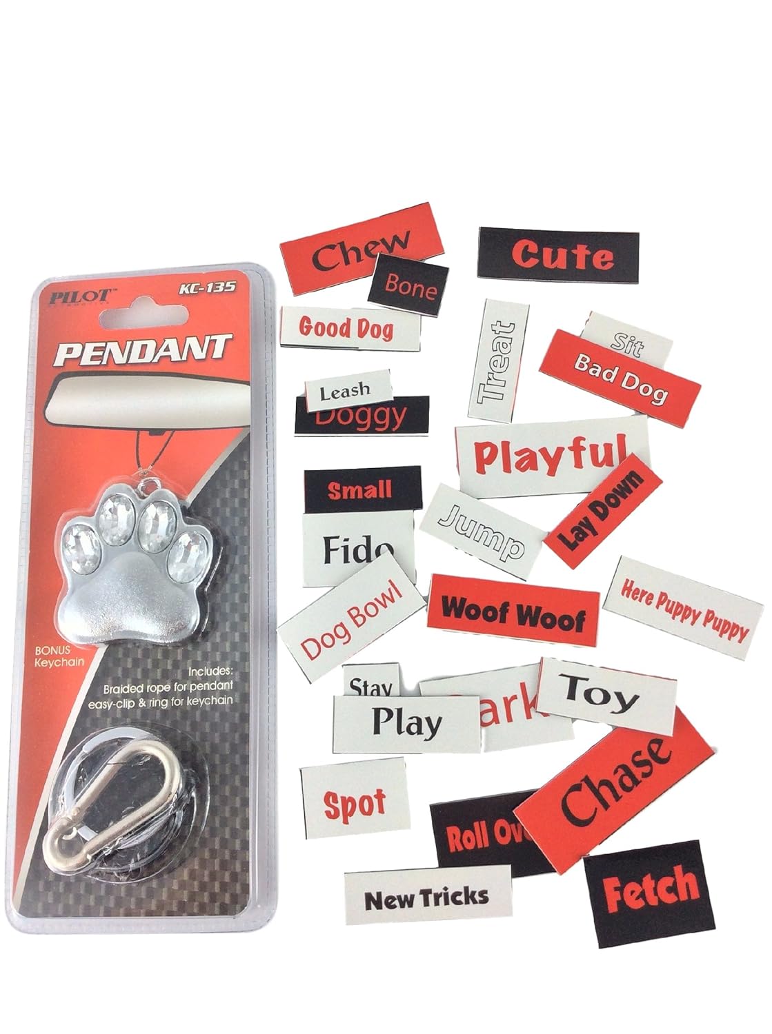 Butler in the Home Dog Paw Print Car Auto Rear View Mirror Hanging Pendant or Use as a Keychain - Comes with Bonus 26 Count Set of Dog Words Fridge Refrigerator Magnets