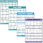 Palace Learning 4 Pack - Yoga Block Poses + Pilates Exercise + Yoga Poses Positions + Stretching Posters - Set of Four Fitness Charts