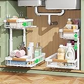Kitstorack Under Sink Organizer, 2 Tier Under the Sink Storage, Slide out Pull out Cabinet Organizer Shelf, Metal Sliding Drawer for Kitchen Bathroom Pantry Closet Organization Rack, White, 2 Pack
