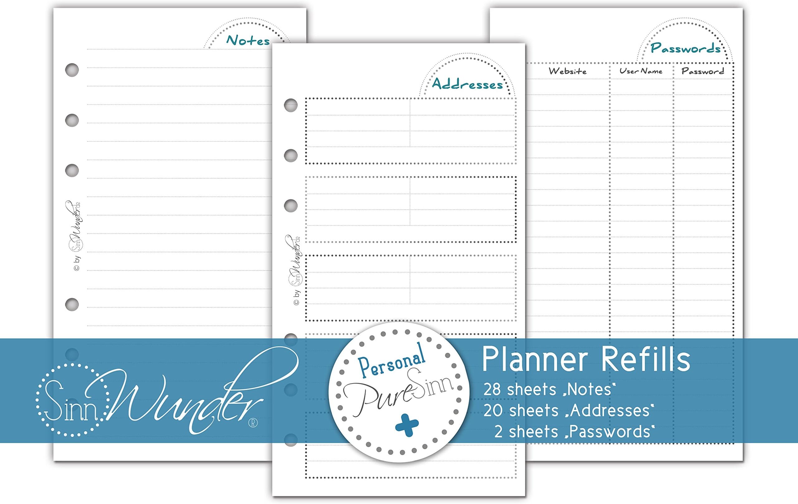 SinnWunder ToDo-Lists, Calendar Refills/Inserts for Ring Bound Planners Design PureSinn (Personal Size)