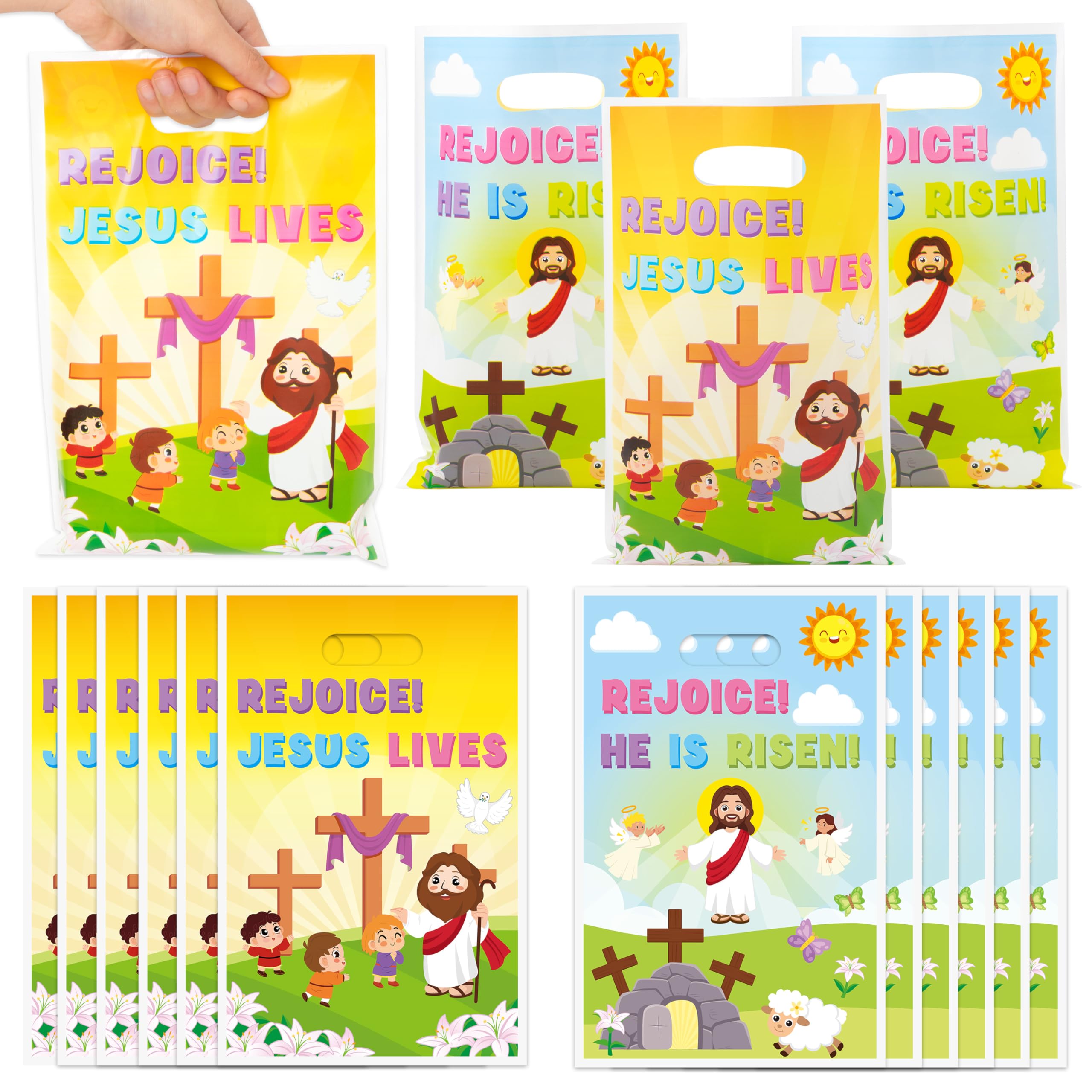 Easter Religious Party Favor Bag - 50Pcs He is Risen Rejoice Goodie Treat Candy Gift Bags Christian Cross Jesus Lives Party Supplies for Spring Easter Bible Sunday School Jesus Birthday VBS Church