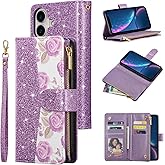 UEEBAI Wallet Case for iPhone 16, PU Leather Wallet Magnetic Closure Handbag Zipper Pocket Cover Kickstand Card Slots with Hand Strap Rose Flip Case for Women - Glitter Purple