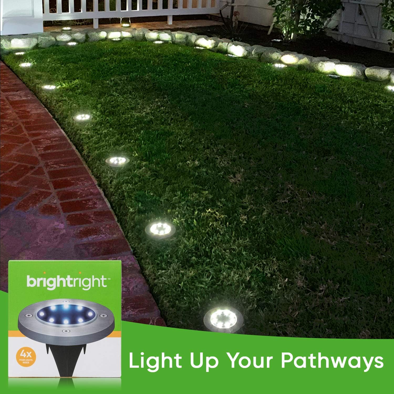 BRIGHTRIGHT - Outdoor Solar Disk Lights (4-Pack) 8 White LED, Waterproof Landscape Lighting for Yard, Garden, Patio, Lawn, Deck, Pathway, Driveway - Dusk to Dawn - - 