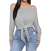 LovelyWholesale Womens Off The Shoulder Tops Tie Front Cropped Sexy Long Sleeve Shirts