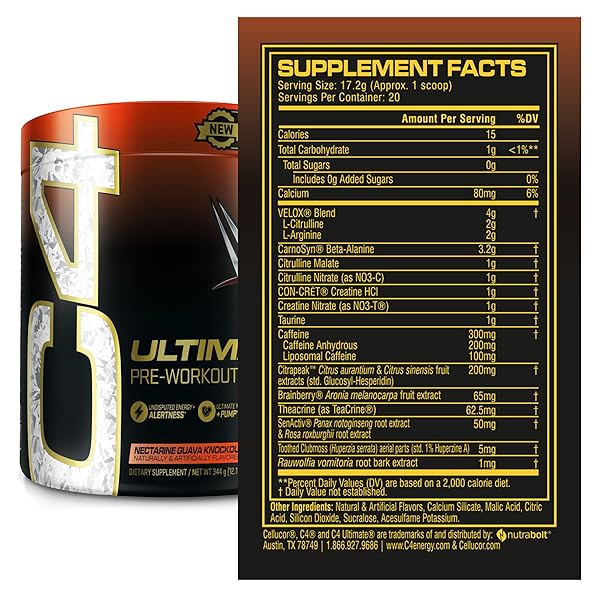 CELLUCOR C4 ULTIMATE X WWE PRE WORKOUT POWDER NECTARINE GUAVA KNOCKOUT – SUGAR FREE PREWORKOUT ENERGY SUPPLEMENT FOR MEN & WOMEN – 300MG CAFFEINE + 3.2G BETA ALANINE + PATENTED CREATINES – 20 SERVINGS