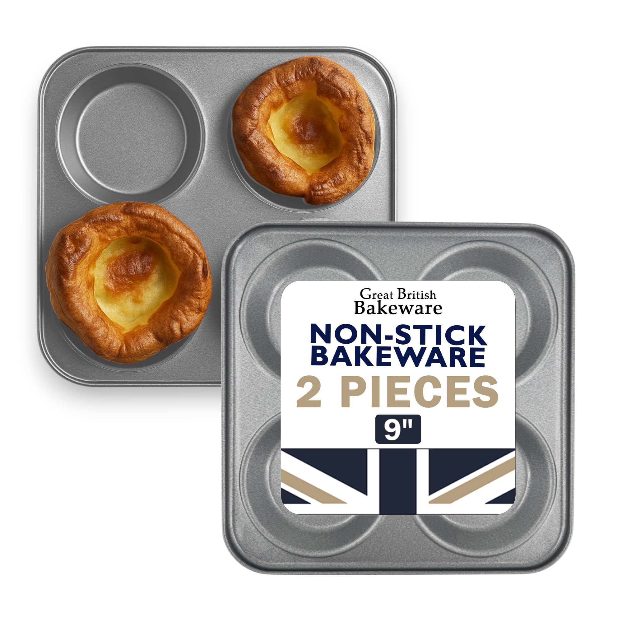 Samuel Groves Chabrias Ltd UK-Made 2-Pack Yorkshire Pudding Tray, 4-Cup “Giant” – Carbon Steel, Long-Life Non-Stick, Even-Bake, Easy-Release, Oven-Safe – Perfect Crispy Rims, 23 cm