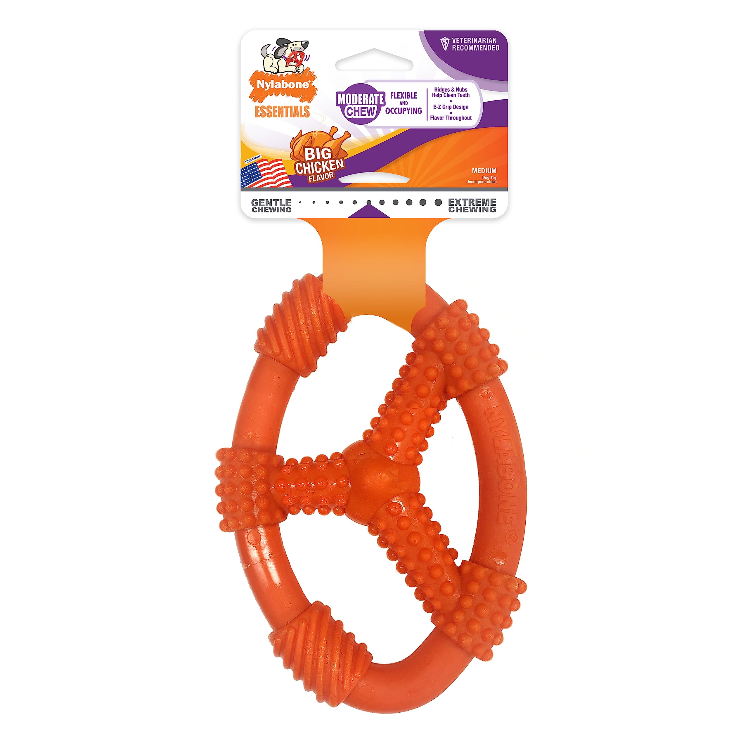 Nylabone Moderate Chew Toy Flexible Oval Ring Chicken Flavour Medium, for Dogs up to 16kg,Orange