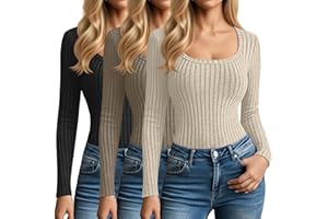 Velvelhall 3 Pack Women's Long Sleeve Tops, Scoop Neck Ribbed Knit Shirt Slim Fit Pullover Sweater Casual Basic Thermal Shirt
