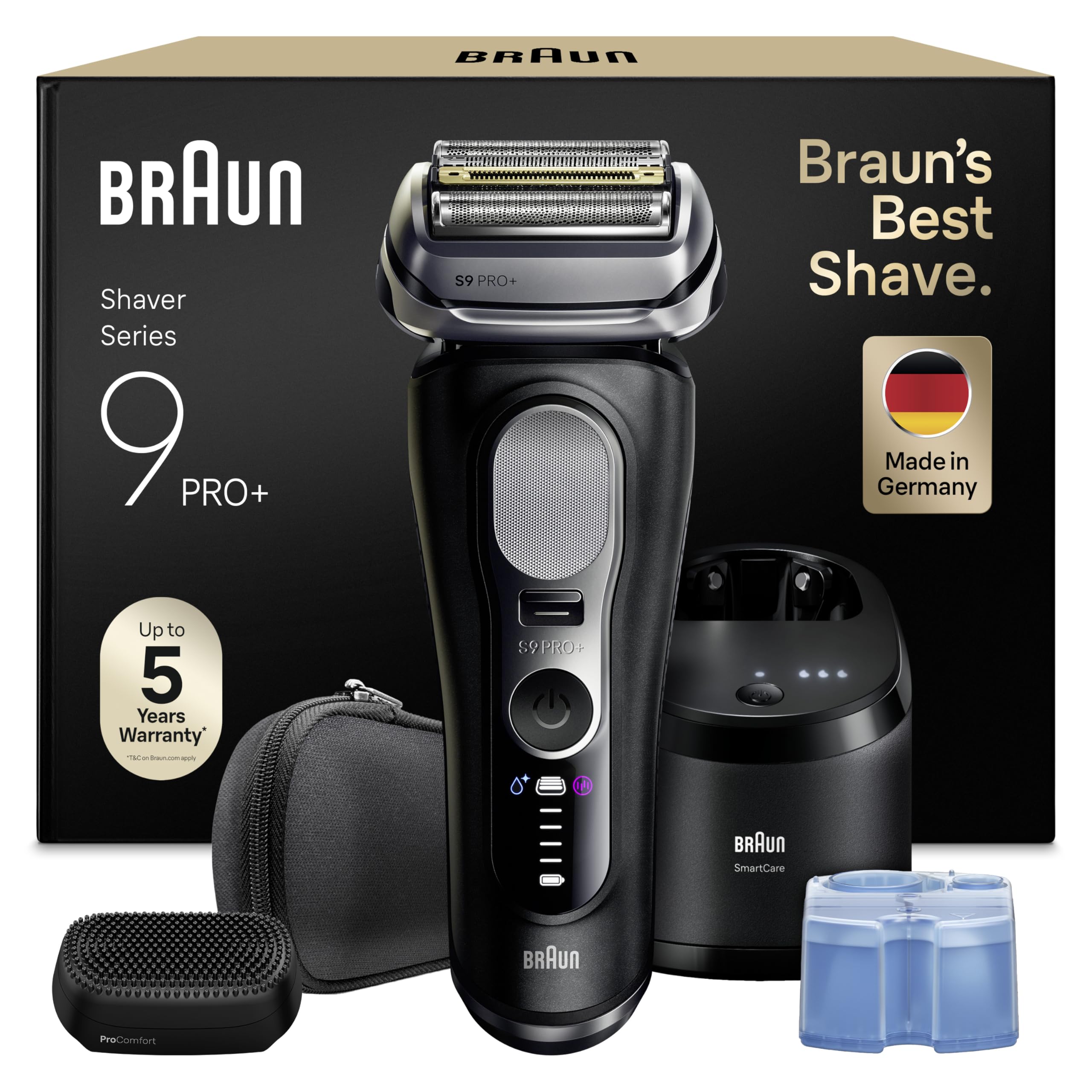 Braun Afeitadora Eléctrica Hombre Series 9 PRO+, Máquina De Afeitar Barba En Seco Y Mojado Con Tecnología 5+1, 60 Min De Uso, Centro De Limpieza, Estuche De Viaje, Cabezal ProComfort, 9690CCE, Negro
