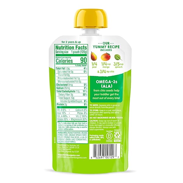 HAPPY TOT ORGANICS STAGE 4 BABY FOOD POUCHES, GLUTEN FREE, VEGAN SNACK, SUPERFOODS FRUIT & VEGGIE PUREE, PEARS, MANGO, SPINACH & CHIA, 4.22 OUNCE (PACK OF 1)