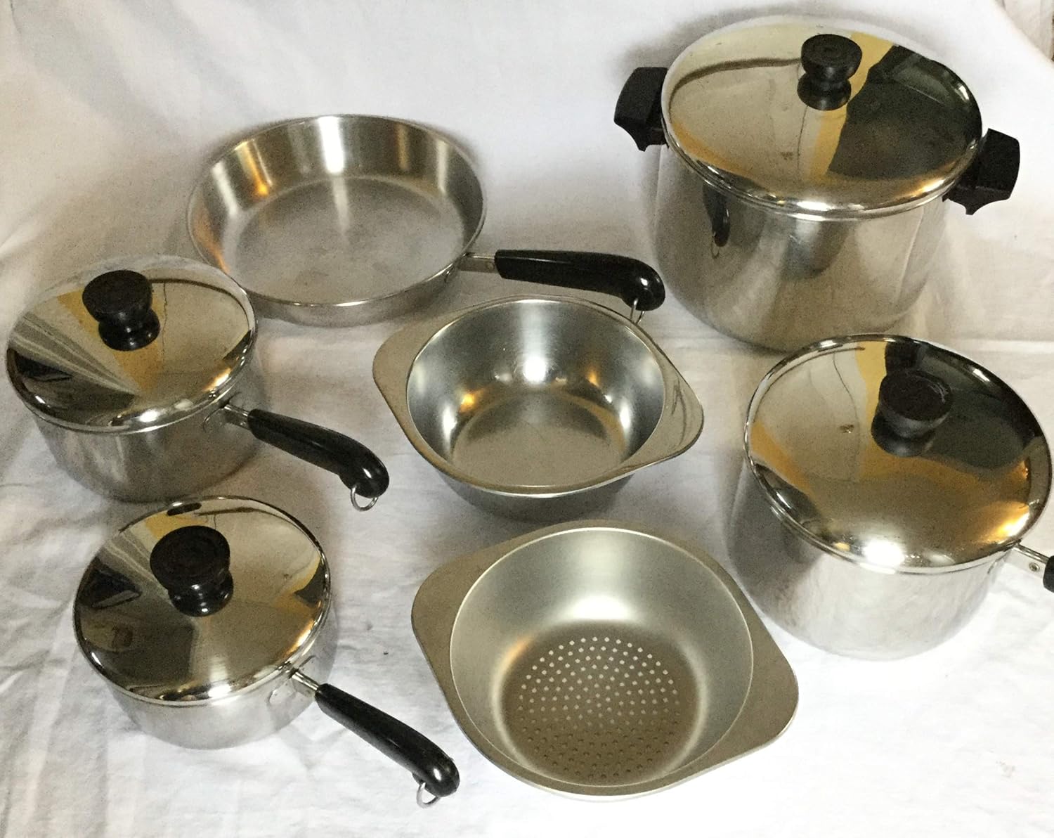 Revere Tri-ply, 6qt, 3qt, 1.5qt, 1qt Saucepans, 9&rdquo; Skillet, Steamer, Double Boiler & Lids